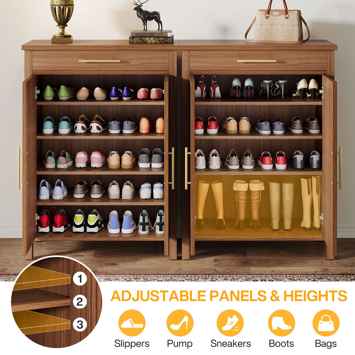 Ishpreet 5-Tier Shoe Storage Cabinet With Doors And Drawer, Wooden Shoe Rack Organizer